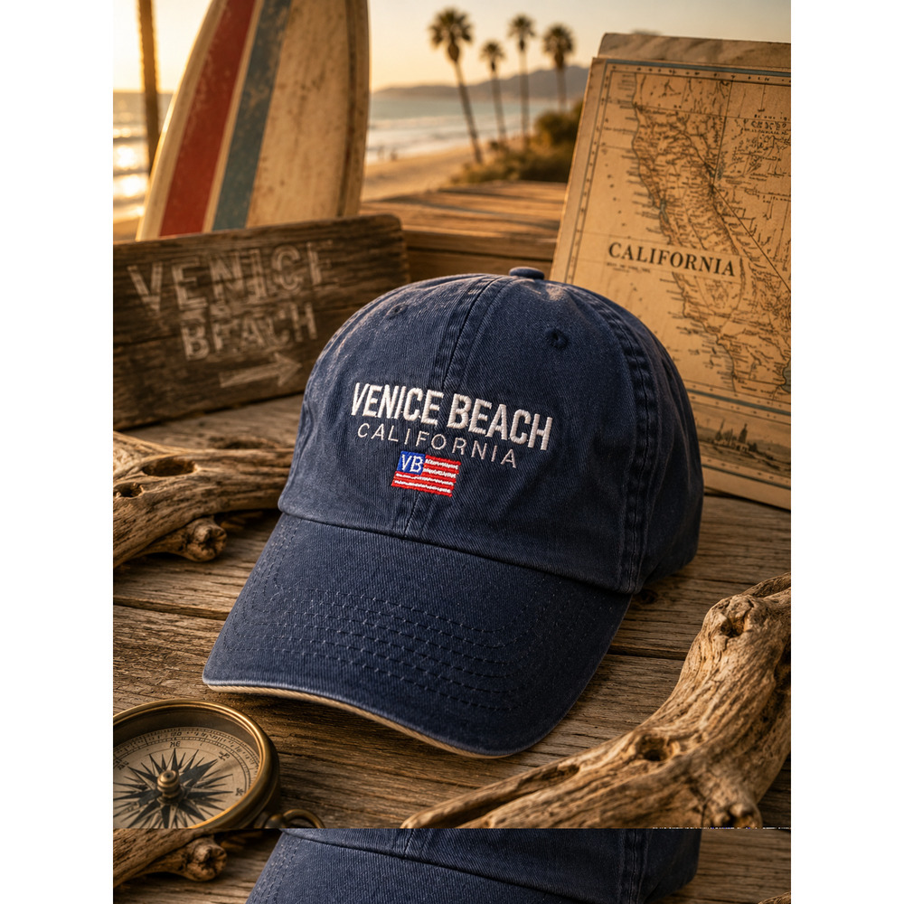 Vintage Venice Beach California Blue Cotton Strapback Hat Cap USA Flag